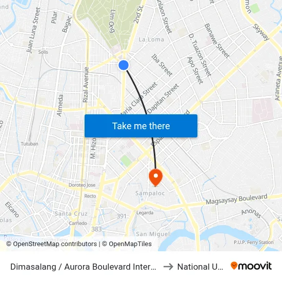 Dimasalang / Aurora Boulevard Intersection, Quezon City to National University map