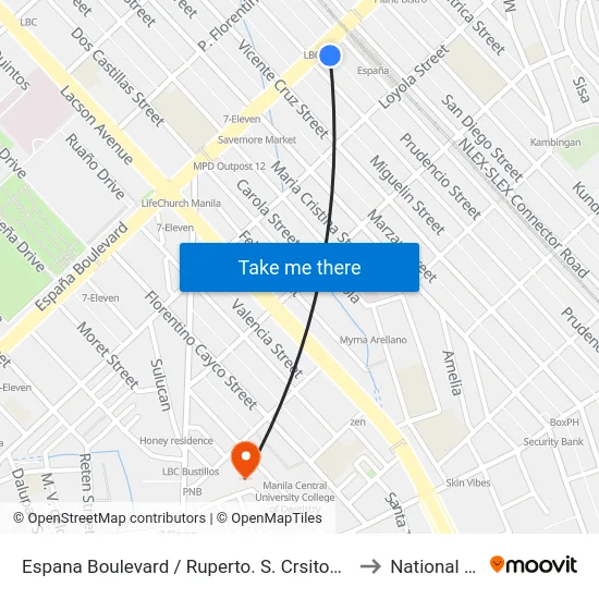 Espana Boulevard / Ruperto. S. Crsitobal Streett Intersection, Manila to National University map