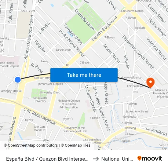 España Blvd / Quezon Blvd  Intersection, Manila to National University map