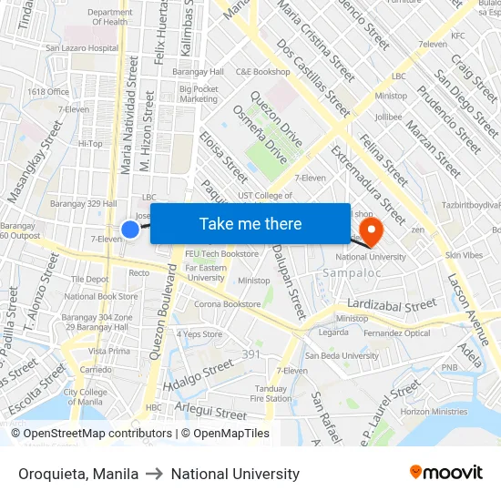 Oroquieta, Manila to National University map