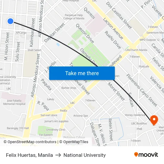 Felix Huertas, Manila to National University map