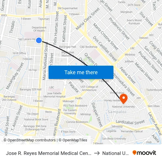 Jose R. Reyes Memorial Medical Center, Quiricada, Manila to National University map