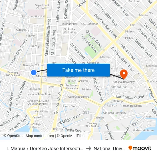 T. Mapua / Doreteo Jose Intersection, Manila to National University map