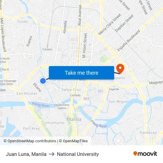 Juan Luna, Manila to National University map