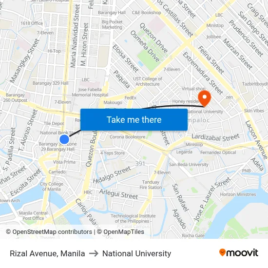 Rizal Avenue, Manila to National University map
