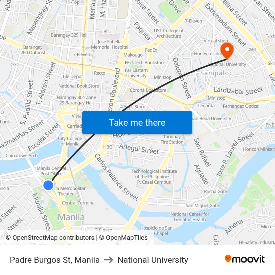 Padre Burgos St, Manila to National University map