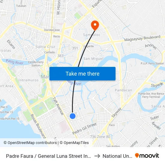 Padre Faura / General Luna Street Intersection, Manila to National University map