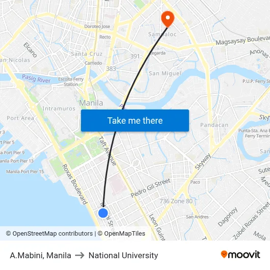 A.Mabini, Manila to National University map