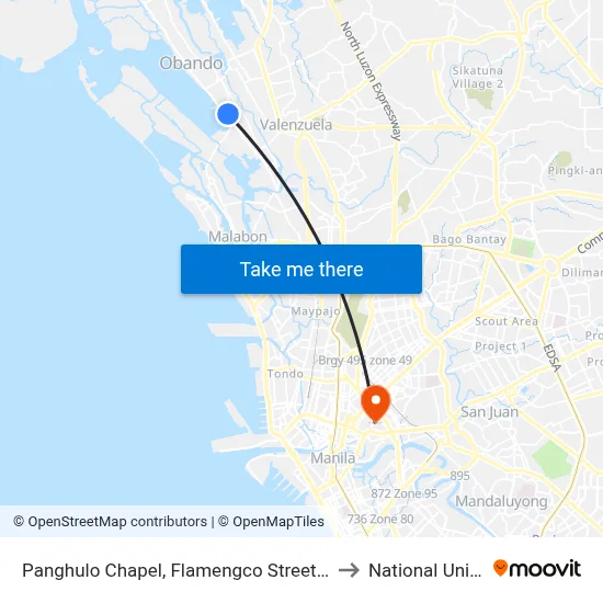 Panghulo Chapel, Flamengco Street, Malabon City to National University map