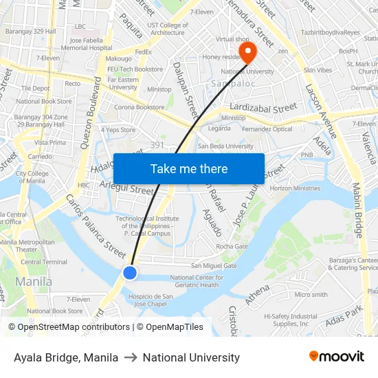 Ayala Bridge, Manila to National University map