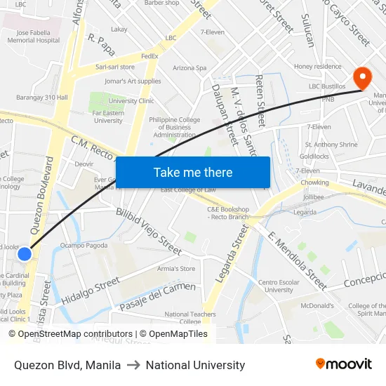 Quezon Blvd, Manila to National University map