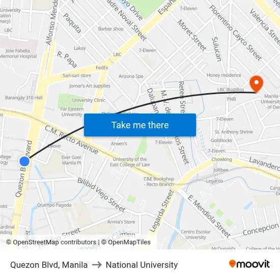 Quezon Blvd, Manila to National University map