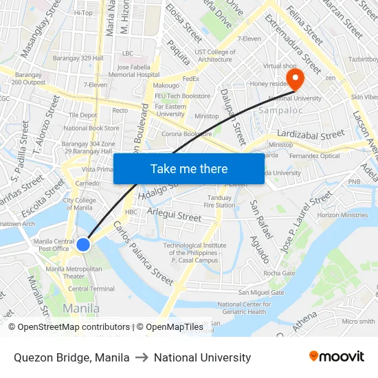 Quezon Bridge, Manila to National University map