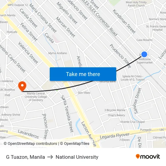 G Tuazon, Manila to National University map