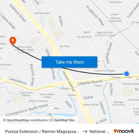 Pureza Extension / Ramon Magsaysay Blvd Intersection, Manila to National University map