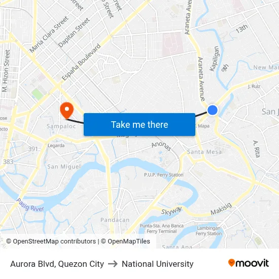 Aurora Blvd, Quezon City to National University map