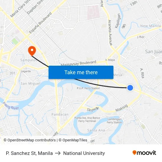 P. Sanchez St, Manila to National University map