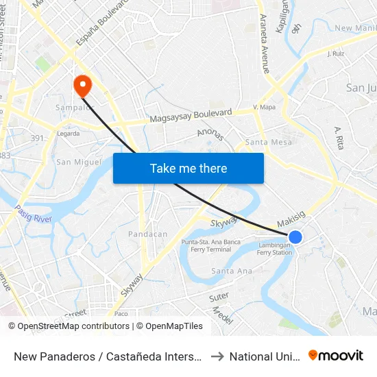New Panaderos / Castañeda Intersection, Manila to National University map