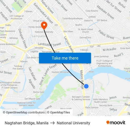 Nagtahan Bridge, Manila to National University map