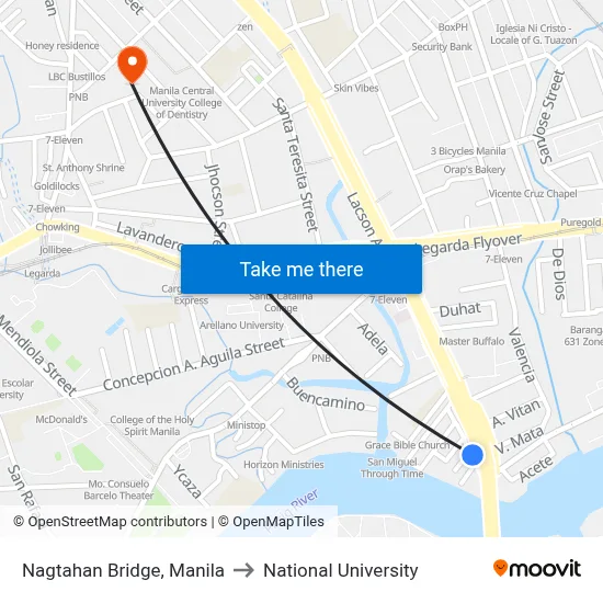 Nagtahan Bridge, Manila to National University map