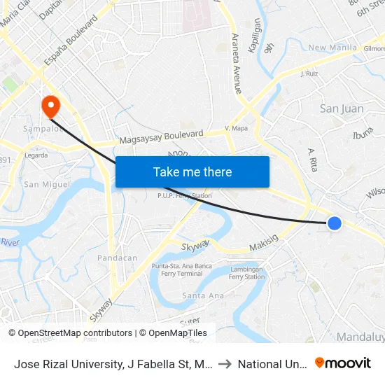 Jose Rizal University, J Fabella St, Mandaluyong City to National University map