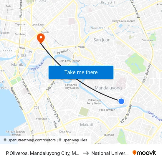 P.Oliveros, Mandaluyong City, Manila to National University map