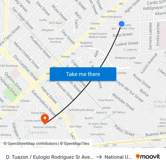 D. Tuazon / Eulogio Rodriguez Sr Ave Intersection, Manila to National University map