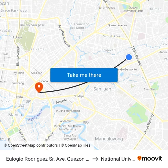 Eulogio Rodriguez Sr. Ave, Quezon City, Manila to National University map