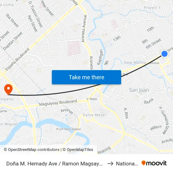 Doña M. Hemady Ave / Ramon Magsaysay Blvd Intersection, Quezon City, Manila to National University map