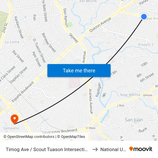 Timog Ave / Scout Tuason Intersection, Quezon City, Manila to National University map