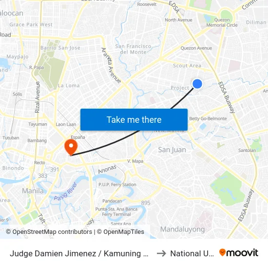 Judge Damien Jimenez / Kamuning Rd, Quezon City, Manila to National University map