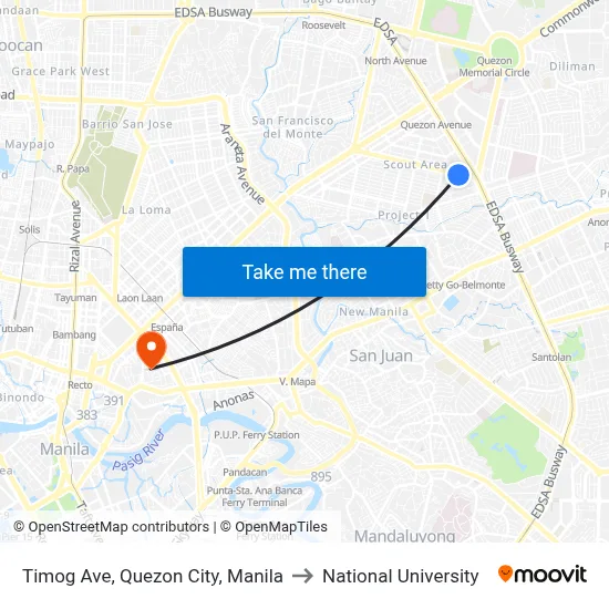 Timog Ave, Quezon City, Manila to National University map
