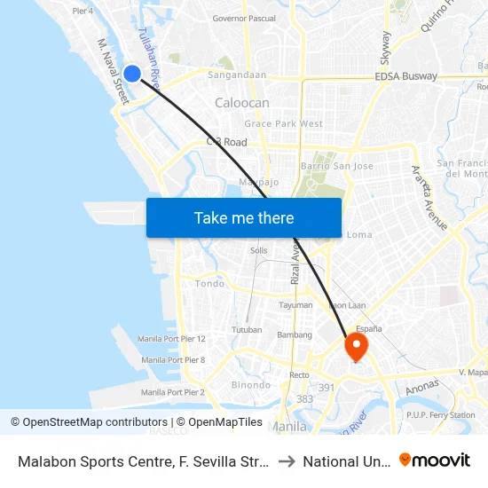 Malabon Sports Centre, F. Sevilla Street, Malabon City to National University map