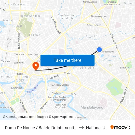Dama De Noche / Balete Dr  Intersection, Quezon City, Manila to National University map