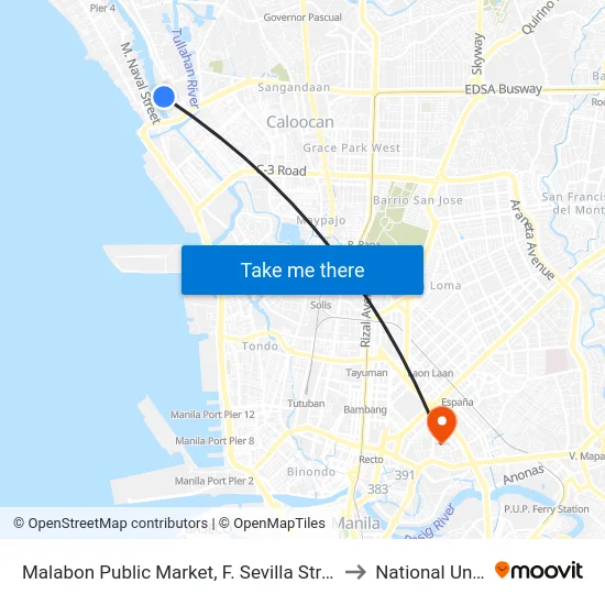 Malabon Public Market, F. Sevilla Street, Malabon City to National University map