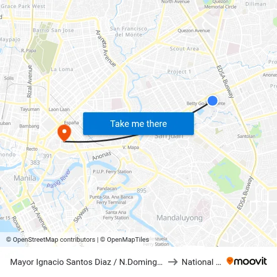 Mayor Ignacio Santos Diaz / N.Domingo Intersection, San Juan, Manila to National University map