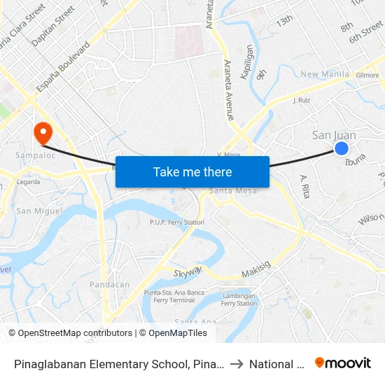 Pinaglabanan Elementary School, Pinaglabanan, San Juan, Manila to National University map