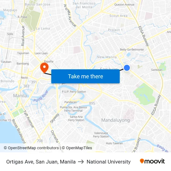Ortigas Ave, San Juan, Manila to National University map