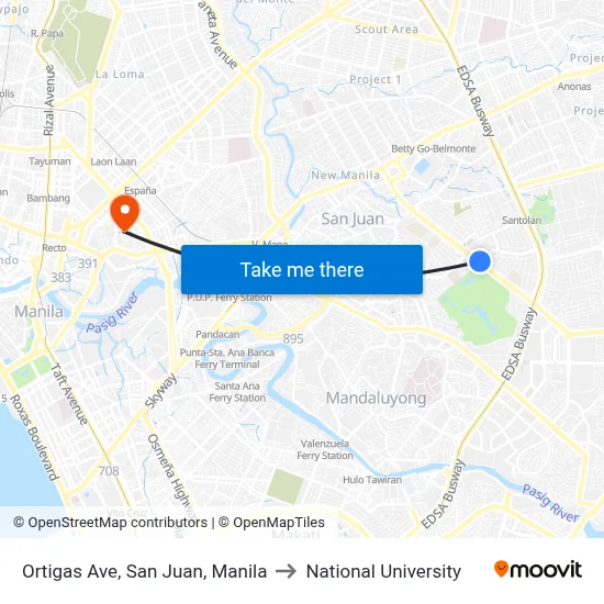 Ortigas Ave, San Juan, Manila to National University map