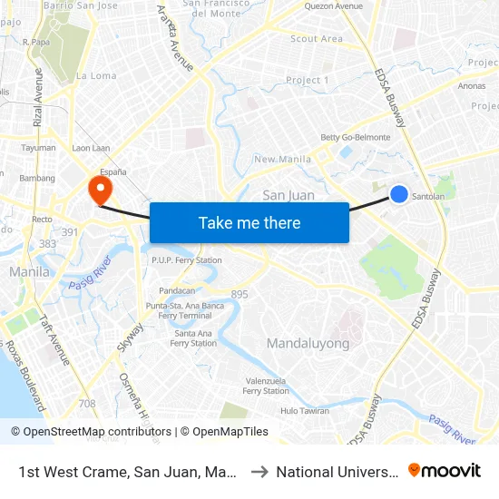 1st West Crame, San Juan, Manila to National University map