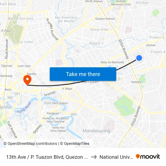 13th Ave / P. Tuazon Blvd, Quezon City, Manila to National University map