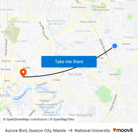 Aurora Blvd, Quezon City, Manila to National University map
