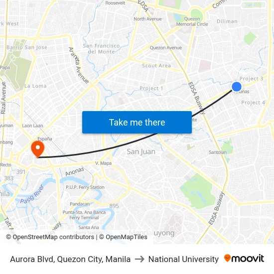 Aurora Blvd, Quezon City, Manila to National University map