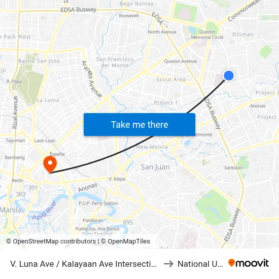 V. Luna Ave / Kalayaan Ave Intersection, Quezon City, Manila to National University map
