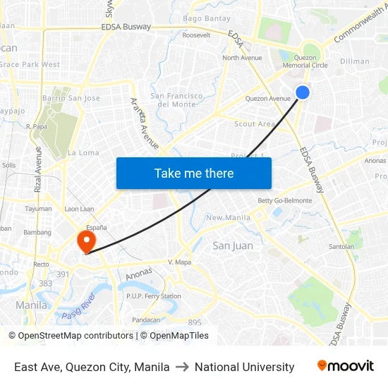 East Ave, Quezon City, Manila to National University map