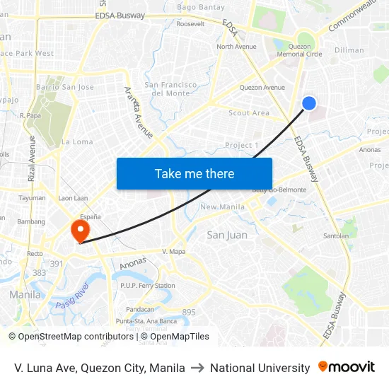 V. Luna Ave, Quezon City, Manila to National University map
