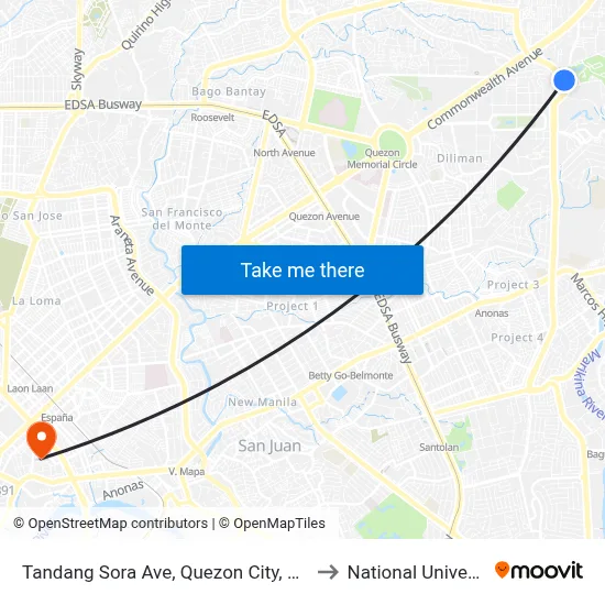 Tandang Sora Ave, Quezon City, Manila to National University map