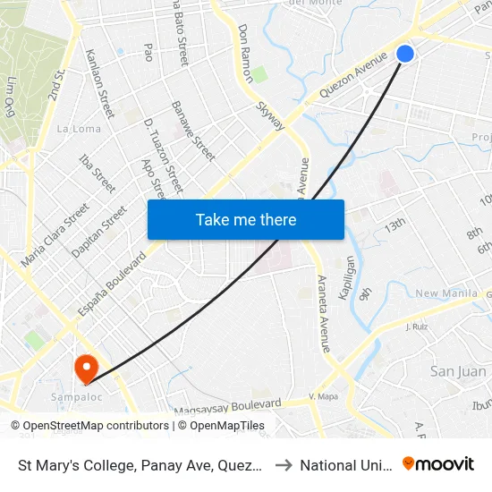 St Mary's College, Panay Ave, Quezon City, Manila to National University map