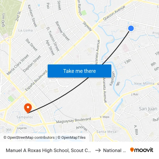 Manuel A Roxas High School, Scout Chuatoco, Quezon City, Manila to National University map