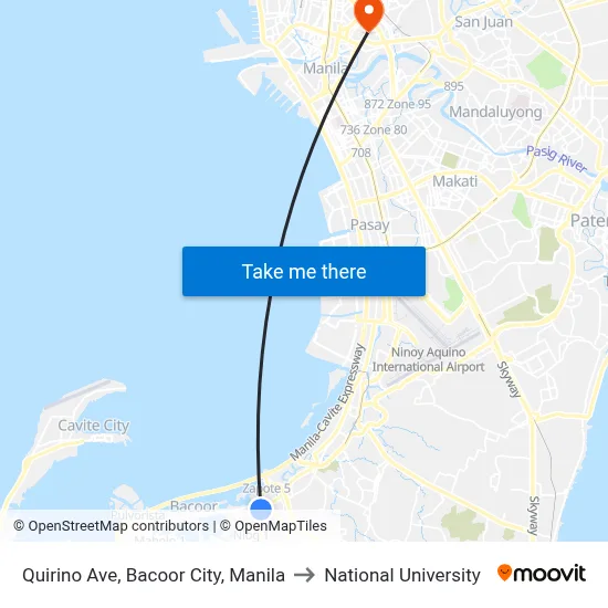 Quirino Ave, Bacoor City, Manila to National University map